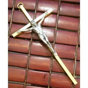 Vintage Brass & Pewter Crucifix Cross Wall Hanging 8"x4"